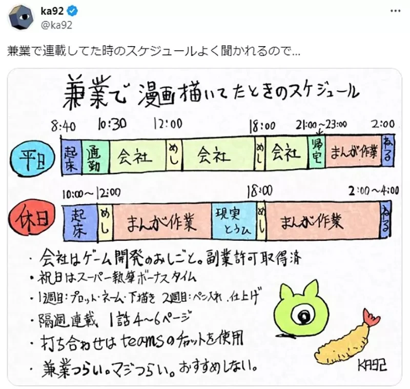 《兼职漫画家ka92的时间分配》平日下班回家还要赶稿到半夜 很有成就感但是真的有够累