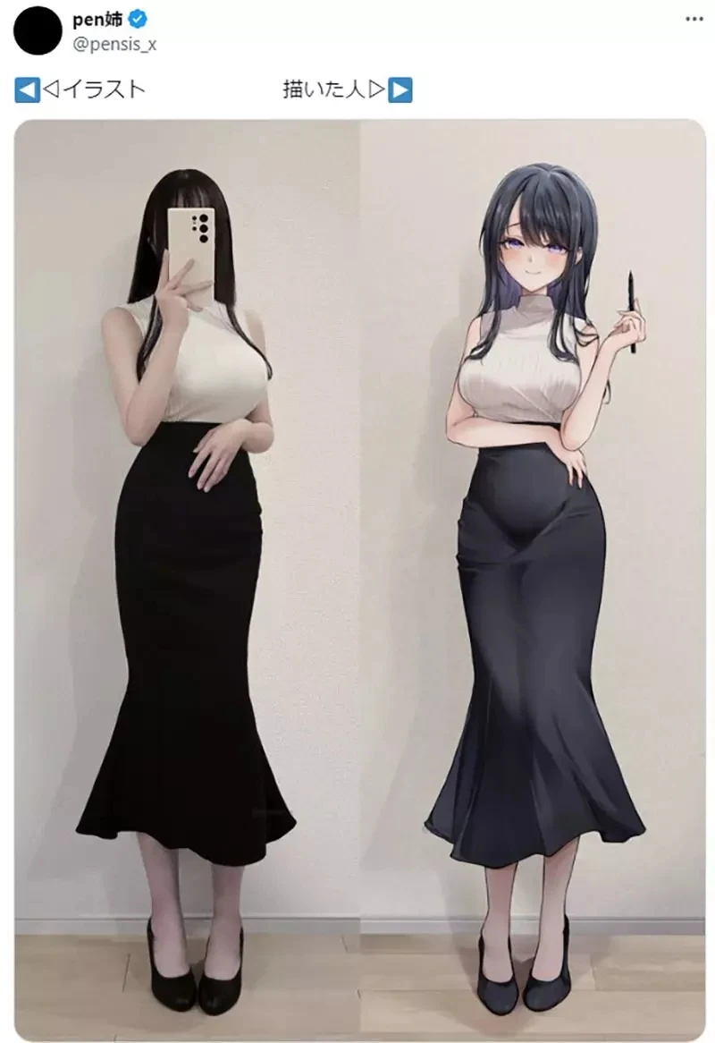 《凸显胯下曲线的裙子》日本巨乳美女绘师分享自画像 布料紧贴身体的画法爆争议
