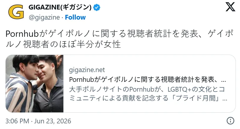 Pornhub称2026同志A片女性观众近半数 日网热议银梦是BL、男性嗜百合