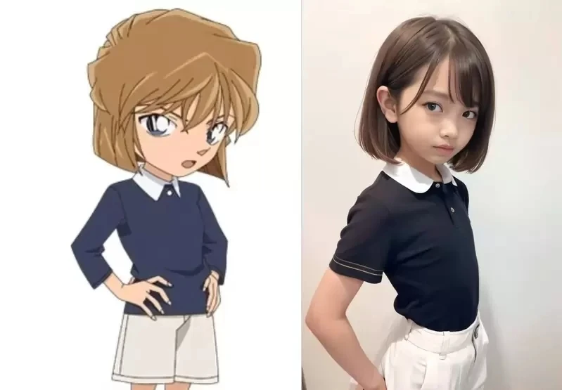 AI技术角色真人化《名侦探柯南》人工智能合理化画面的方式,就是将小兰姐姐头上的角变成建筑钢材