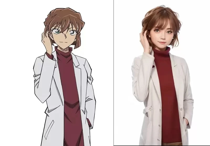 AI技术角色真人化《名侦探柯南》人工智能合理化画面的方式,就是将小兰姐姐头上的角变成建筑钢材